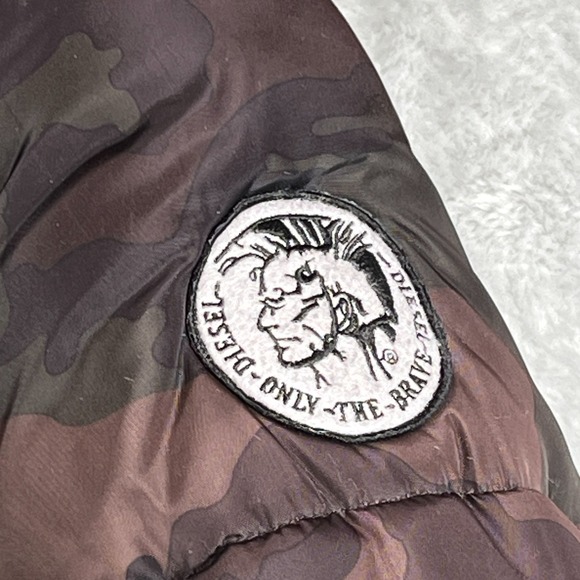 Diesel Men S Camo Quilted Puffer Jacket Hooded Faux Fur Brown Black Fleece Lined - Picture 4 of 16